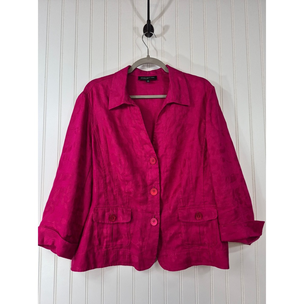 Jones NY Magenta Pink 100% Linen Jacquard Blazer 3/4 Sleeve 14 Vacation Career